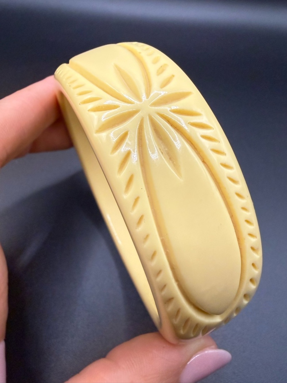 Vintage Carved Bangle Cream Color Plastic Wide Bracelet